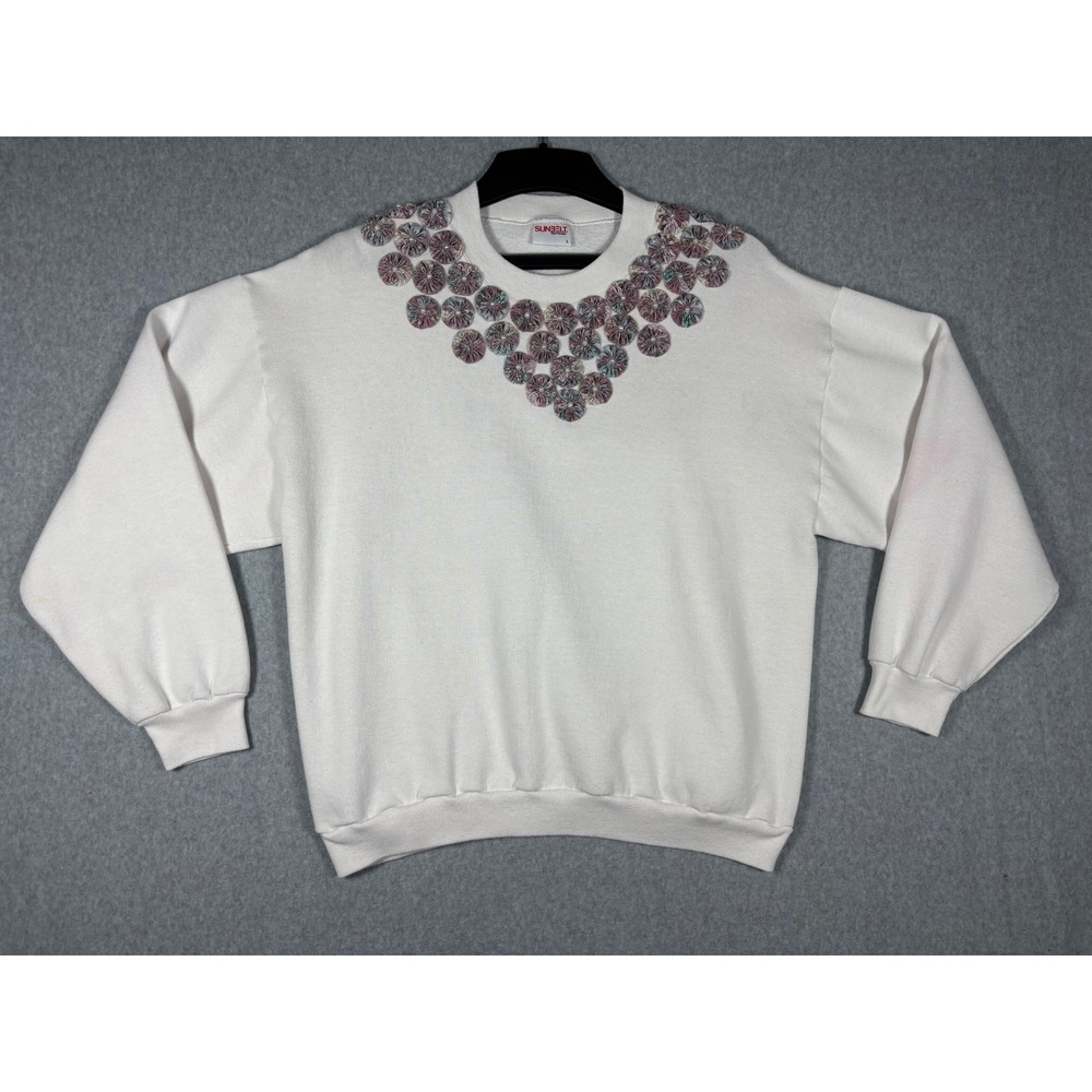 Sunbelt Sportswear Vintage White Yo-Yo Floral Applique Sweatshirt Womens Large‎